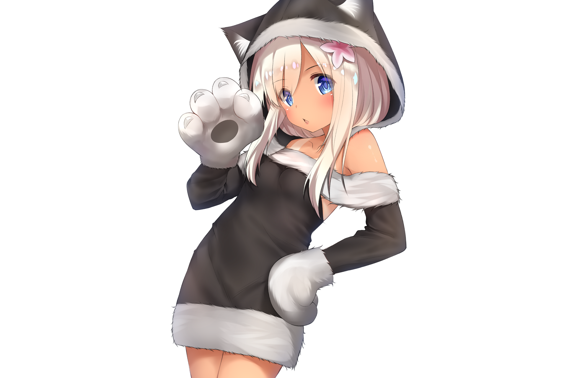 Ro-500 from Kantai Collection in a 4K Ultra HD anime-style PC desktop wallpaper, featuring her in a black and white winter outfit with paw gloves.