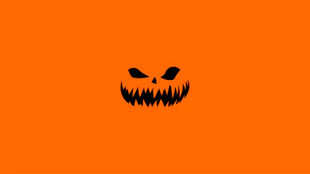 A minimalist Halloween-themed wallpaper featuring a bold orange background with a menacing black pumpkin face, designed for 8K Ultra HD displays.