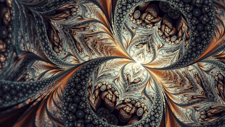 Abstract fractal design with intricate swirling patterns in metallic shades, rendered as an HD PC desktop wallpaper and background.