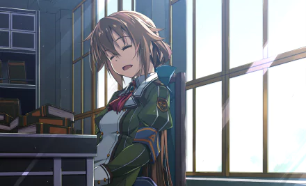 HD PC desktop wallpaper featuring Towa Herschel from the anime Eiyuu Densetsu, depicted smiling peacefully in a sunlit room.