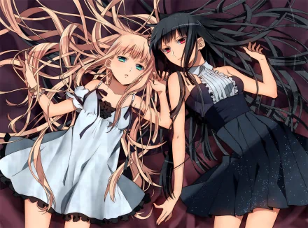 HD anime desktop wallpaper featuring two original characters with contrasting black and blonde hair, green and red eyes, dressed in elegant dresses, lying side by side.