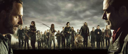 HD desktop wallpaper featuring a large group of characters from the TV show The Walking Dead standing under a cloudy sky.