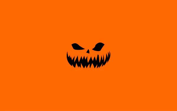 A minimalist Halloween-themed wallpaper featuring a bold orange background with a menacing black pumpkin face, designed for 8K Ultra HD displays.
