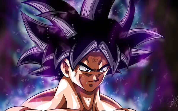 Anime-style 8K Ultra HD Dragon Ball Super wallpaper featuring a fierce, glowing Goku with intense energy aura in a cosmic background.