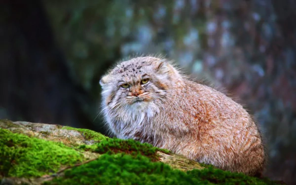 HD desktop wallpaper featuring a close-up of a Pallas's cat resting on moss-covered rocks with a blurred natural background.