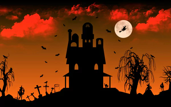 HD Halloween desktop wallpaper featuring a haunted house silhouette under a full moon with a witch flying, surrounded by bats and eerie trees against a fiery red sky.