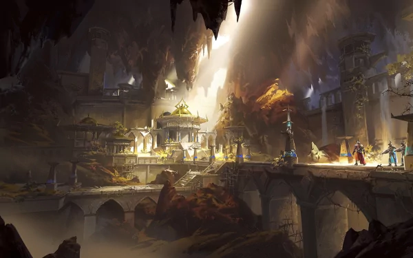 HD fantasy desktop wallpaper showing a scenic ruin bathed in golden sunlight, with mystical figures and ancient architecture creating a captivating background.