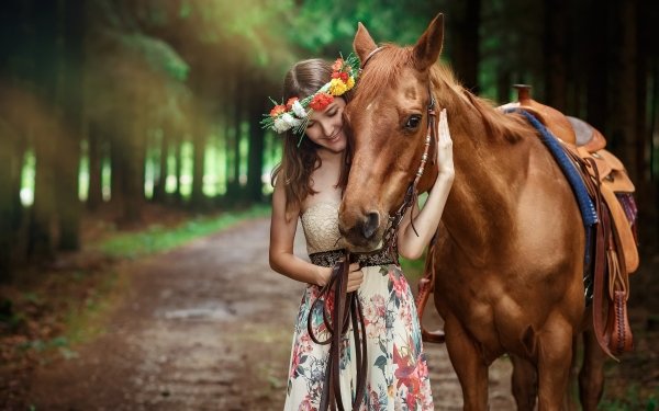 Women Mood Depth Of Field Horse Smile Dress Brunette Wreath HD Wallpaper | Background Image