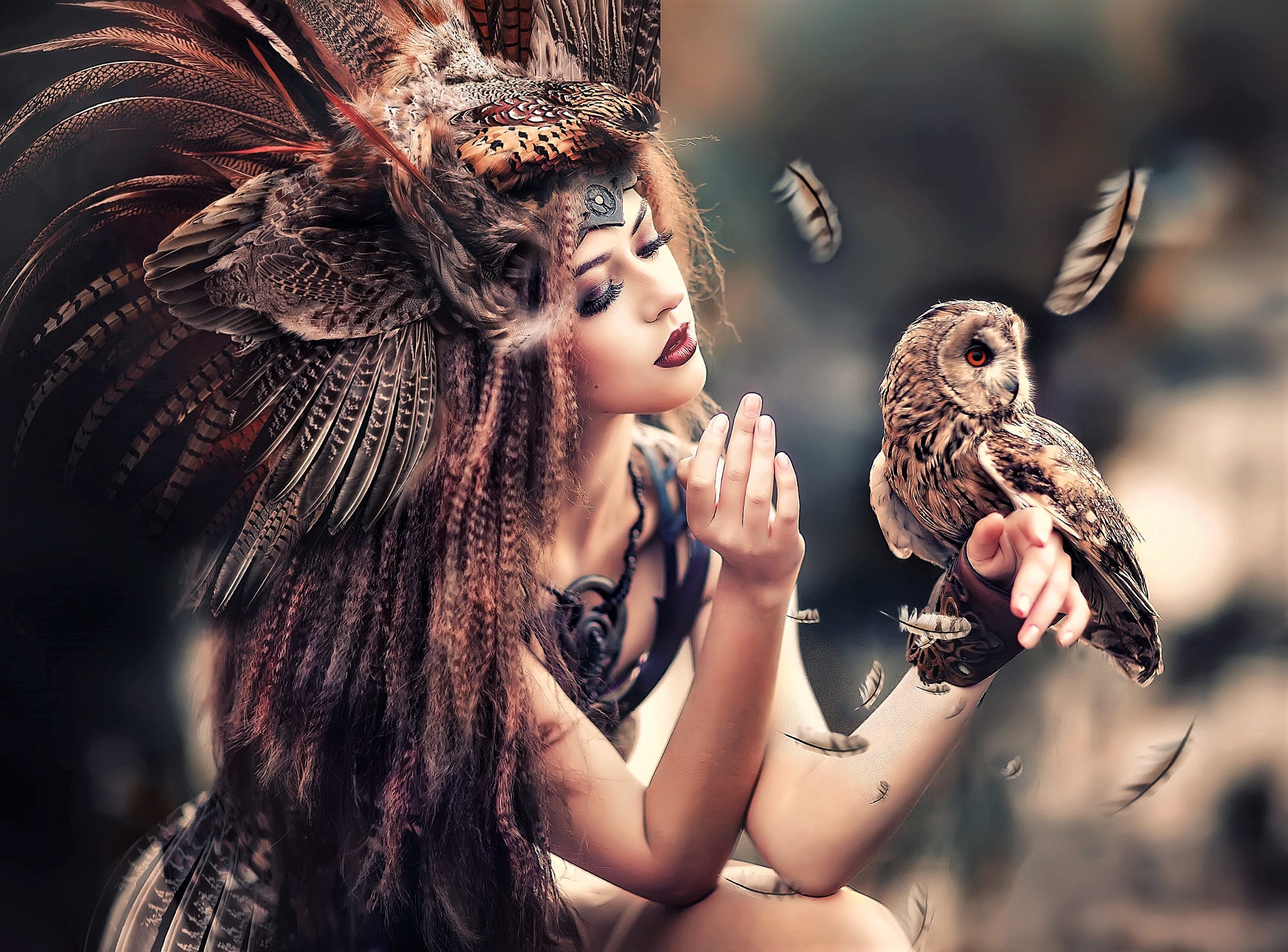 Girl with Owl and Feathers by Irina Nedyalkova