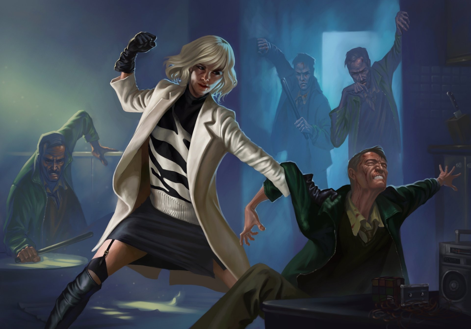 Woman warrior with short white hair and skirt engaged in intense fight, inspired by the movie Atomic Blonde, captured in a dynamic HD PC desktop wallpaper.