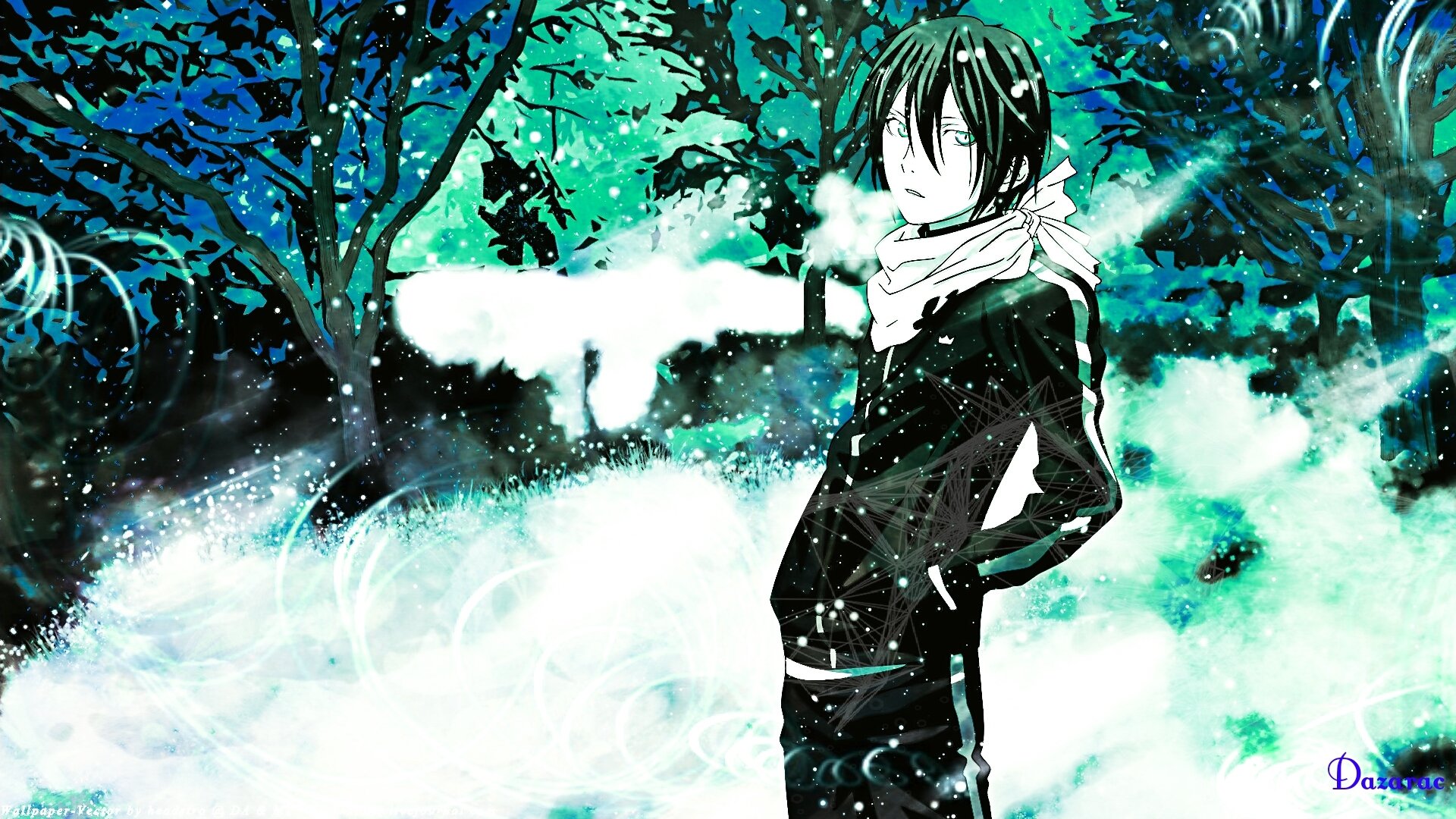 HD wallpaper of Yato from the anime Noragami, featuring him standing in a snowy, mystical forest, looking contemplatively ahead.