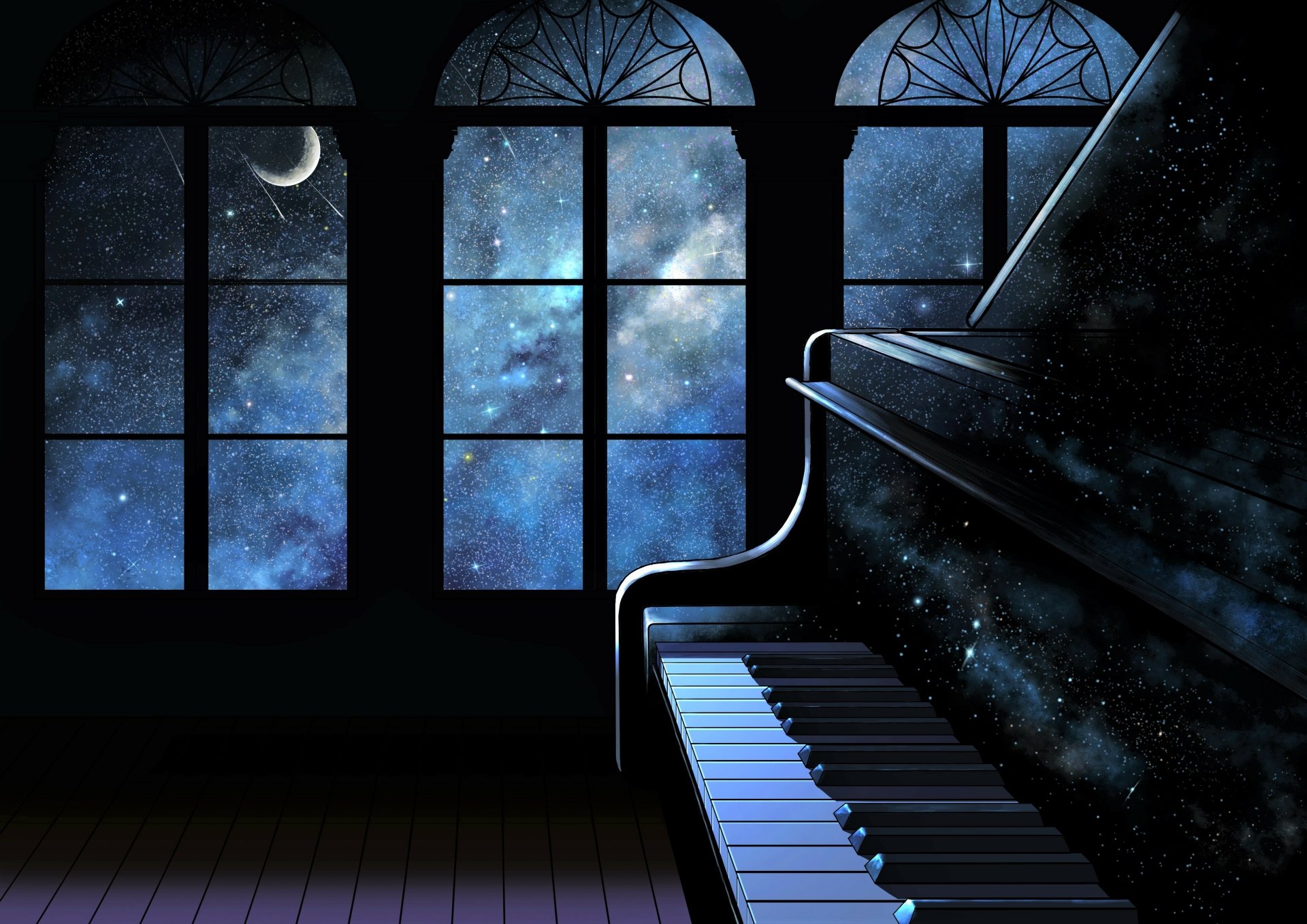 Download Piano Night Space Window Music Artistic 4k Ultra HD Wallpaper