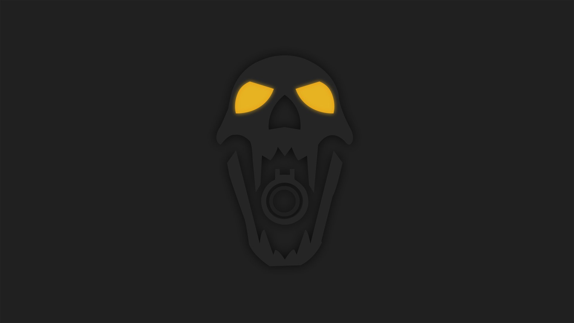 Minimalist dark skull with glowing yellow eyes inspired by Blackbeard from Tom Clancy's Rainbow Six: Siege — 8K Ultra HD minimalist gaming desktop wallpaper.