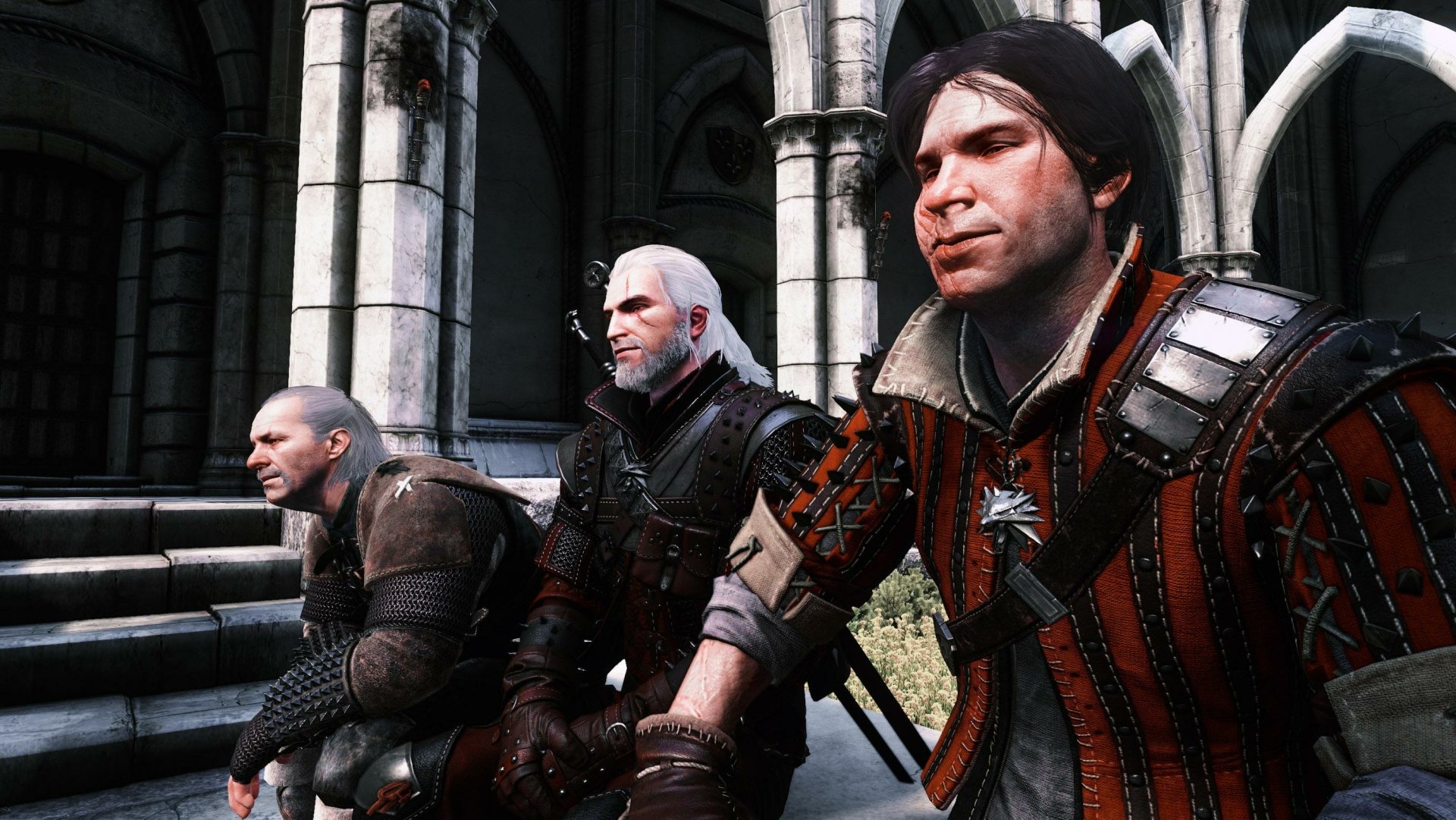 HD PC desktop wallpaper featuring Geralt of Rivia and companions from the video game The Witcher 3: Wild Hunt in a detailed medieval setting.