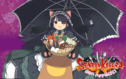 HD PC desktop wallpaper featuring a character from the video game Senran Kagura Bon Appétit! holding a basket of food with a purple floral background.
