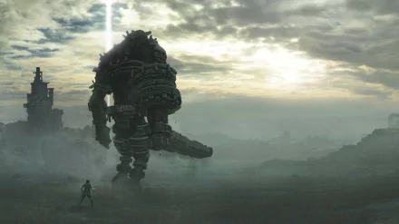 8K Ultra HD wallpaper from the video game Shadow of the Colossus (2018) showing a colossal creature towering over a lone figure in a misty, expansive landscape.