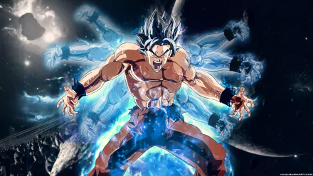 HD desktop wallpaper featuring Goku from Dragon Ball Super in an intense pose with a cosmic background, showcasing his power with multiple afterimages and a blue aura.