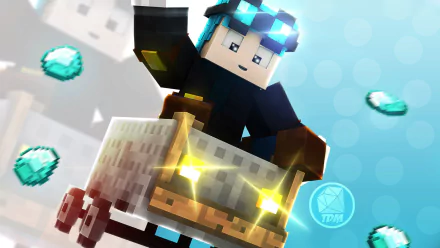 HD desktop wallpaper featuring a vibrant Minecraft scene with a character wearing a blue hat riding a minecart, surrounded by diamond gems. Tags: YouTube, video game, Minecraft.