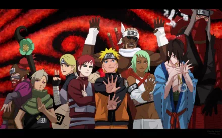 HD desktop wallpaper featuring characters from the anime Naruto, highlighting Hokage and other key characters standing together against a red and black abstract background.