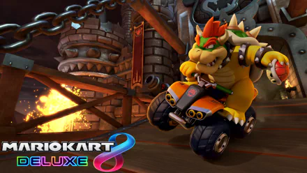 Bowser from Mario Kart 8 Deluxe riding a quad bike in a castle setting. The HD desktop wallpaper features dynamic lighting and detailed background elements.