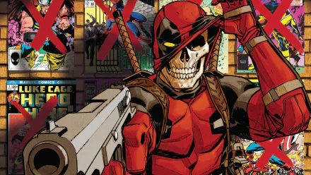 HD desktop wallpaper of Deadpool, featuring him lifting his mask to reveal a skeleton face while pointing a gun, set against a background of crossed-out comic book covers.