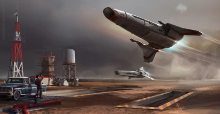 Futuristic jet aircraft from Battlestar Galactica (2003) soars over a sci-fi desert airstrip in this HD PC desktop wallpaper background.