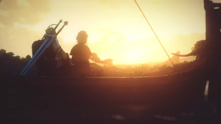 HD desktop wallpaper featuring Ciri and Geralt of Rivia in a boat at sunset, from the video game The Witcher 3: Wild Hunt. The serene background and warm lighting create a picturesque scene.