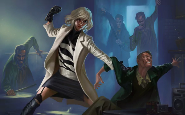 Woman warrior with short white hair and skirt engaged in intense fight, inspired by the movie Atomic Blonde, captured in a dynamic HD PC desktop wallpaper.