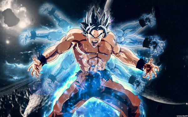 HD desktop wallpaper featuring Goku from Dragon Ball Super in an intense pose with a cosmic background, showcasing his power with multiple afterimages and a blue aura.