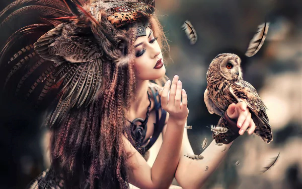 headdress lipstick feather owl woman native american HD Desktop Wallpaper | Background Image