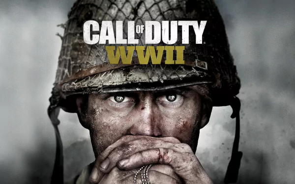 HD desktop wallpaper for the video game Call of Duty: WWII, featuring a close-up of a soldier wearing a helmet, gazing intensely, with the game's title prominently displayed above.