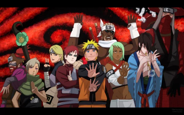 HD desktop wallpaper featuring characters from the anime Naruto, highlighting Hokage and other key characters standing together against a red and black abstract background.
