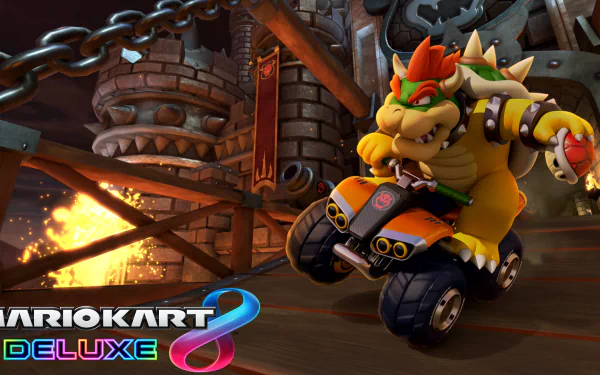Bowser from Mario Kart 8 Deluxe riding a quad bike in a castle setting. The HD desktop wallpaper features dynamic lighting and detailed background elements.