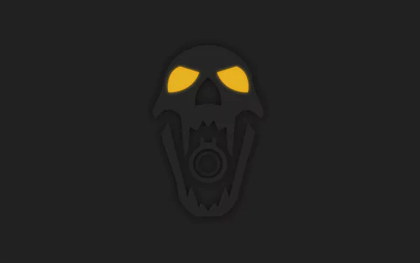 Minimalist dark skull with glowing yellow eyes inspired by Blackbeard from Tom Clancy's Rainbow Six: Siege — 8K Ultra HD minimalist gaming desktop wallpaper.
