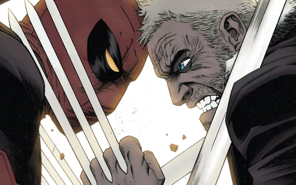 HD PC desktop wallpaper featuring an intense comic face-off between Old Man Logan and Deadpool, highlighting Wolverine's iconic claws and fierce expression.