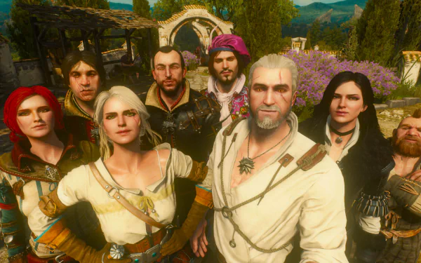 HD wallpaper of Geralt, Triss, Yennefer, and Ciri with companions from The Witcher 3: Wild Hunt, posing in a vibrant landscape.