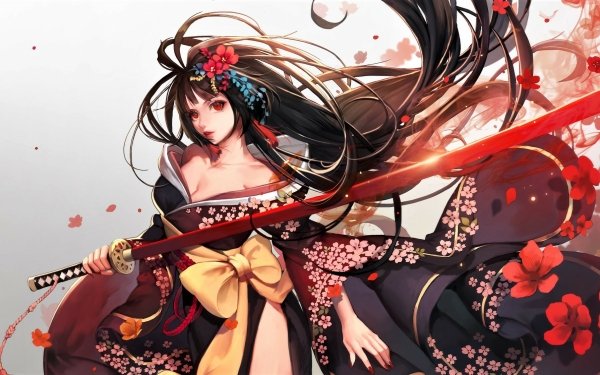 Anime Original Warrior Sword Flower Colorful Red Eyes Long Hair Black Hair Kimono HD Wallpaper | Background Image