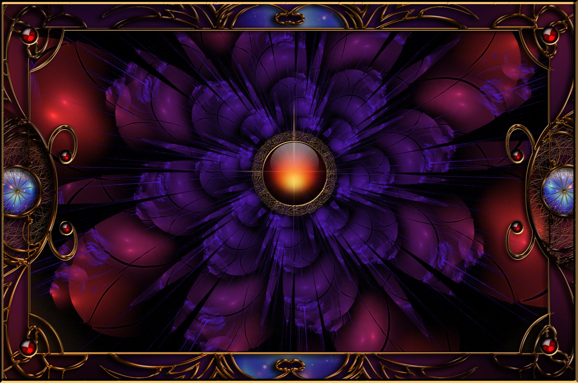 HD desktop wallpaper featuring an artistic purple fractal flower with intricate jewelry-like details and a glowing central orb.