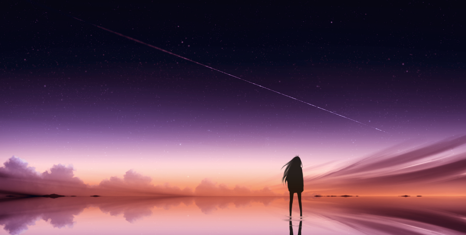 Anime-style HD wallpaper featuring a silhouetted figure standing on a reflective surface overlooking a serene evening sky with a comet and stars.