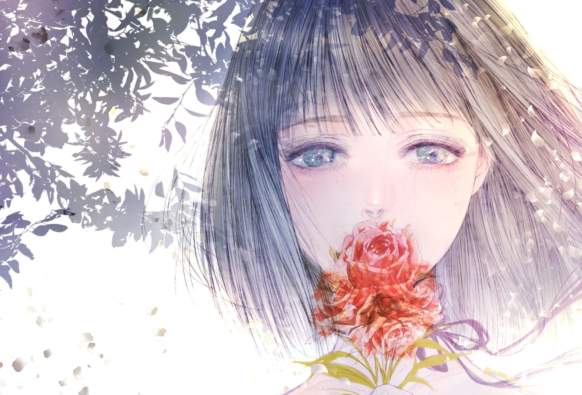 Anime-style artwork of a character with short white hair and blue eyes, holding a red flower in her mouth. She is set against an ethereal, softly lit background with leafy shadows. HD desktop wallpaper.