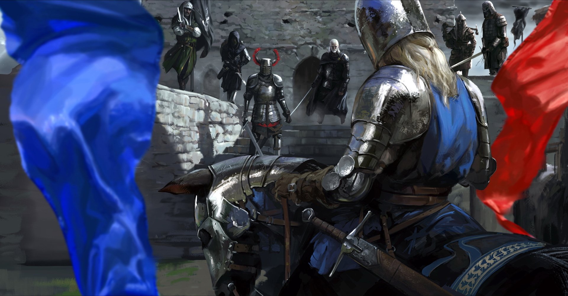 HD PC wallpaper of the video game Mount & Blade: an armored knight on horseback with sword, charging past blue and red banners toward a line of armored warriors at a castle wall.
