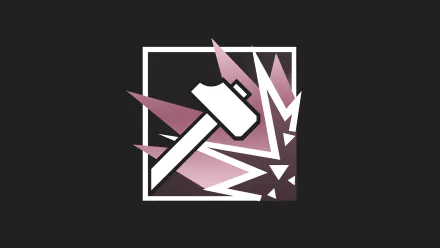 Icon of Sledge from Tom Clancy's Rainbow Six: Siege, featuring a stylized hammer smashing through a surface, in 8K Ultra HD PC desktop wallpaper quality.