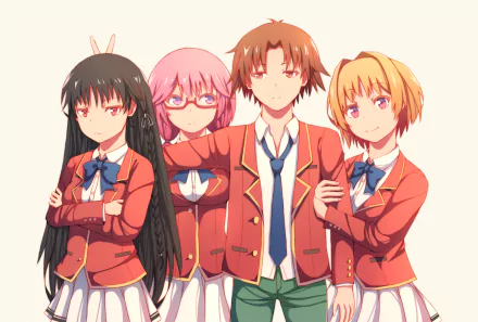 HD desktop wallpaper featuring anime characters Airi Sakura, Kikyō Kushida, Suzune Horikita, and Kiyotaka Ayanokōji from Classroom of the Elite, posing in their school uniforms.