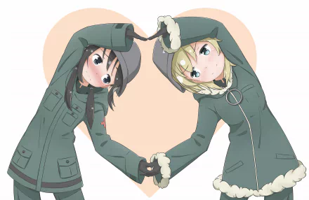 HD desktop wallpaper featuring Chito and Yuuri from Girls' Last Tour forming a heart with their hands against a heart-shaped background. Both characters are dressed in winter gear.
