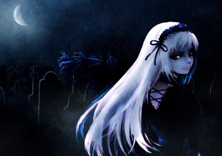 A gothic anime character with white hair, Suigintou from Rozen Maiden, stands in a moonlit cemetery at night, creating an atmospheric HD desktop wallpaper and background.