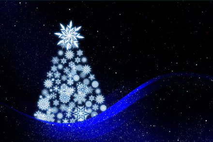A 4K Ultra HD Christmas tree made of white snowflakes and sparkles against a deep blue starry background, evoking a festive holiday atmosphere.