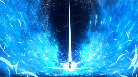 HD fantasy anime wallpaper depicting an original scene with a character and a radiant light beam, set against a vibrant blue background.