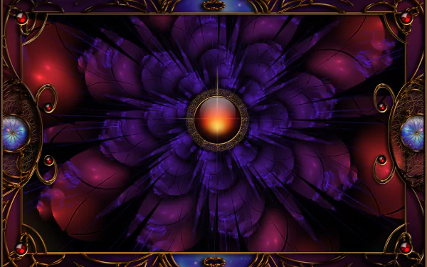 HD desktop wallpaper featuring an artistic purple fractal flower with intricate jewelry-like details and a glowing central orb.