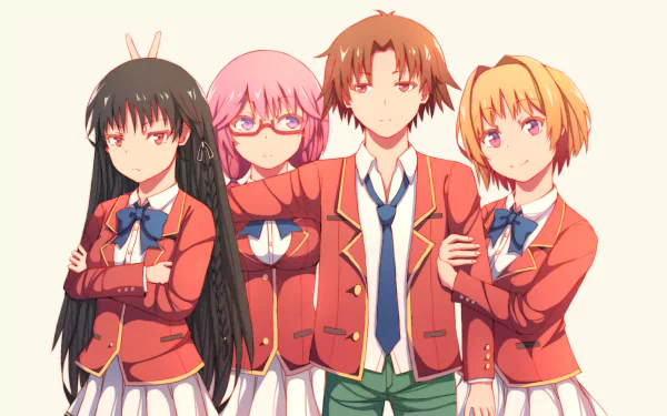 HD desktop wallpaper featuring anime characters Airi Sakura, Kikyō Kushida, Suzune Horikita, and Kiyotaka Ayanokōji from Classroom of the Elite, posing in their school uniforms.