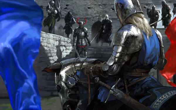 HD PC wallpaper of the video game Mount & Blade: an armored knight on horseback with sword, charging past blue and red banners toward a line of armored warriors at a castle wall.